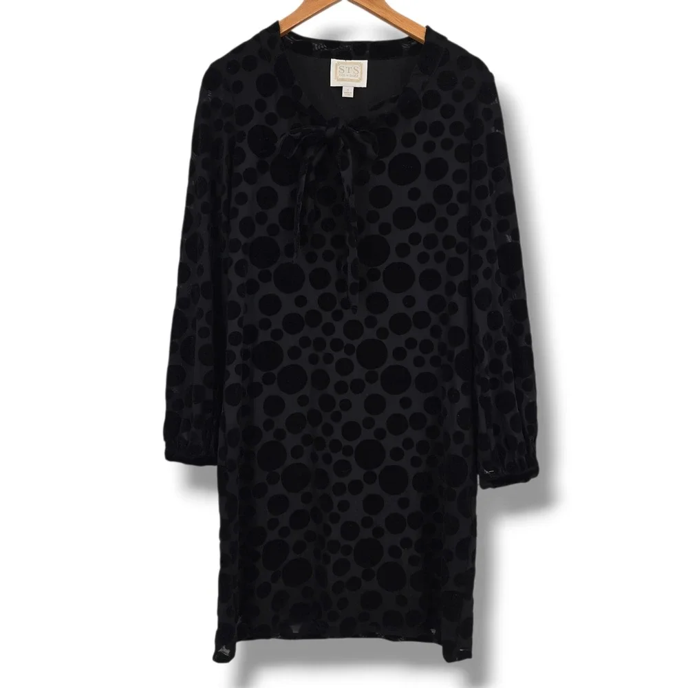 Sail to Sable STS Womens Black Polka Dot Burnout Velvet Tie Neck Shift Dress‎ 8
